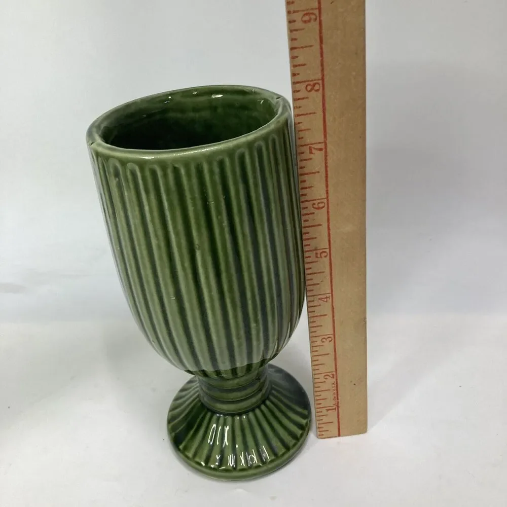 Pottery  Footed Vase Goblet MCM Green Farm‎ Cottage Pedestal  7.5